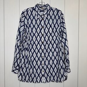 Duluth Trading Co Blue Ikat Tunic Shirt L Hemp Cotton Roll Tab sleeves